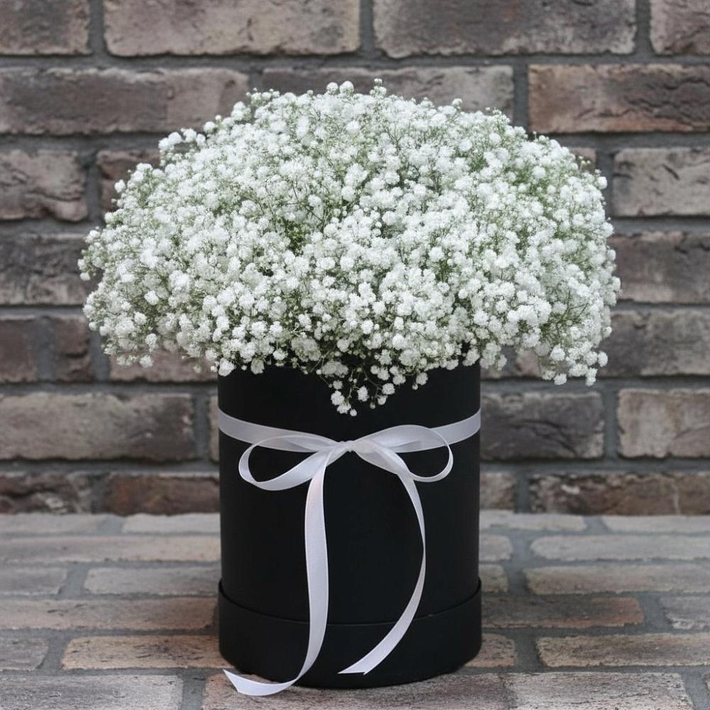 Цветочная композиция из Гипсофила в шляпной коробке в Капустин Яре