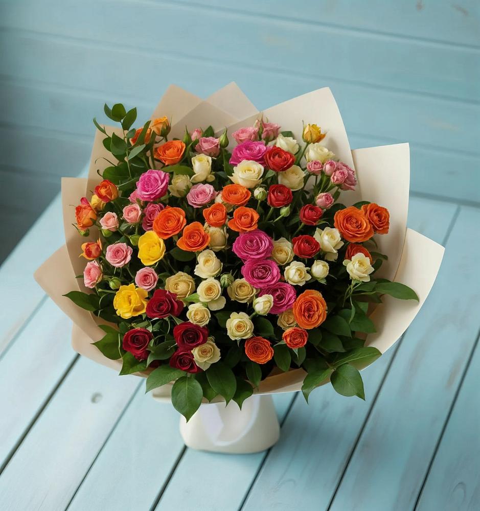 Букет Микс из разноцветных кустовых роз в Капустин Яре