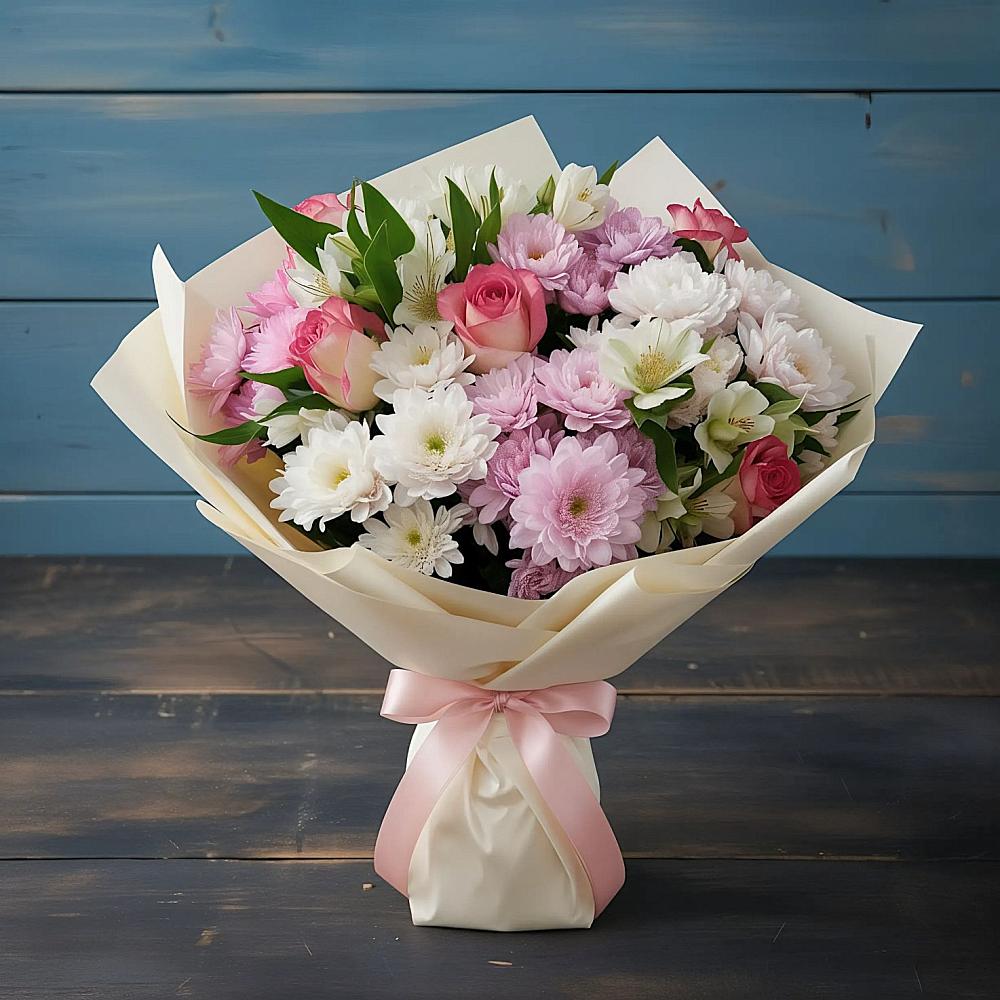 Букет цветов из: Хризантемы, Альстромерии и Розы в Капустин Яре